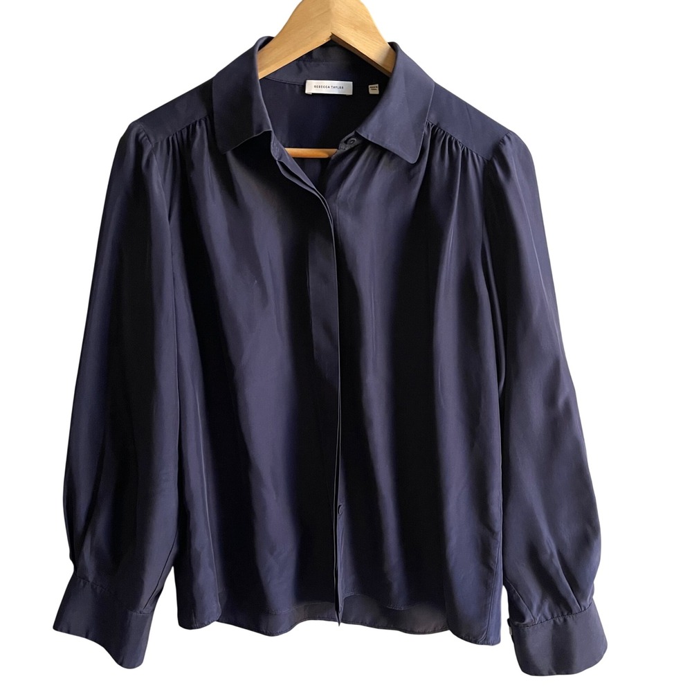 Rebecca Taylor Blouse Womens S 100% Silk Navy Blue Button Down Office Career
